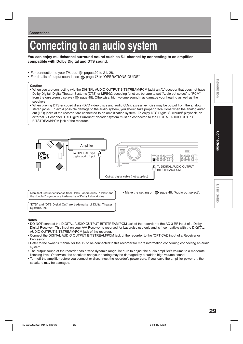 Connecting to an audio system, Connections basic setup intr oduction | Toshiba RD-KX50SU User Manual | Page 29 / 60