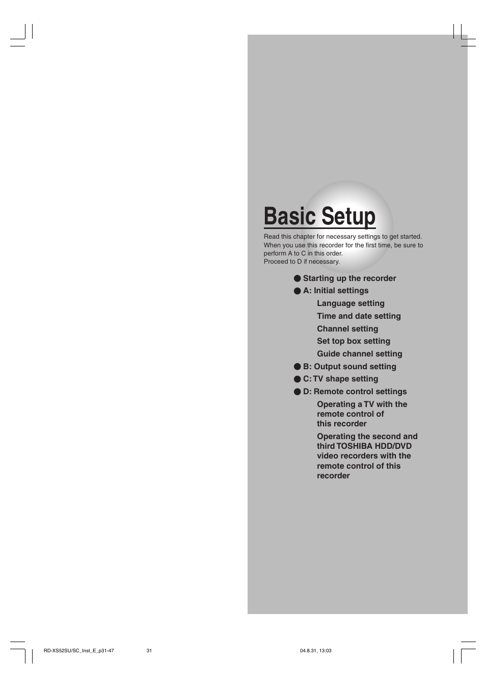 Basic setup | Toshiba RD-KX50SU User Manual | Page 31 / 60