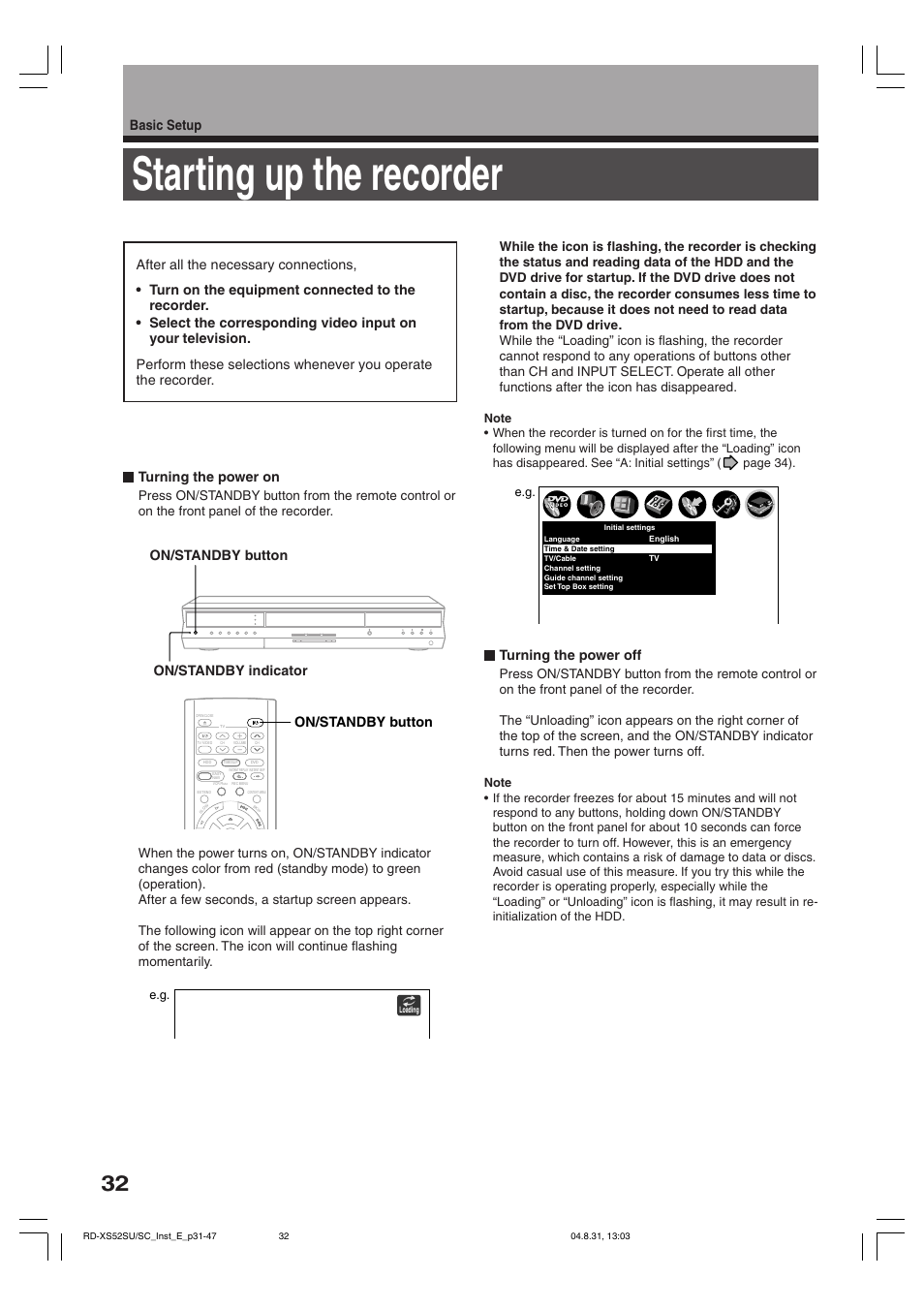 Starting up the recorder, Turning the power off, Basic setup | Toshiba RD-KX50SU User Manual | Page 32 / 60