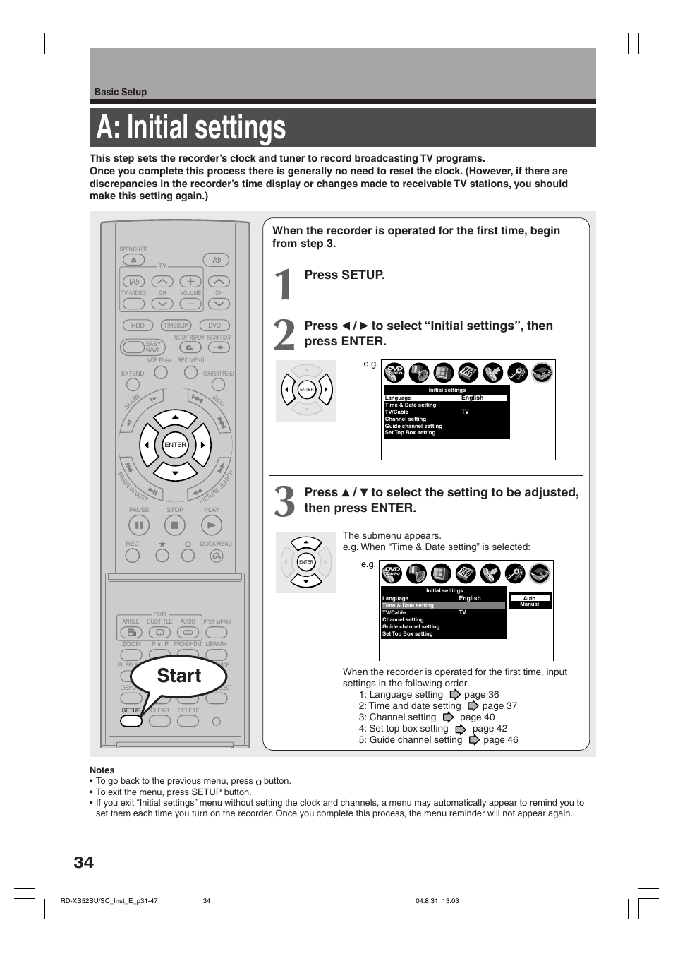 A: initial settings, Start, Press setup | Toshiba RD-KX50SU User Manual | Page 34 / 60