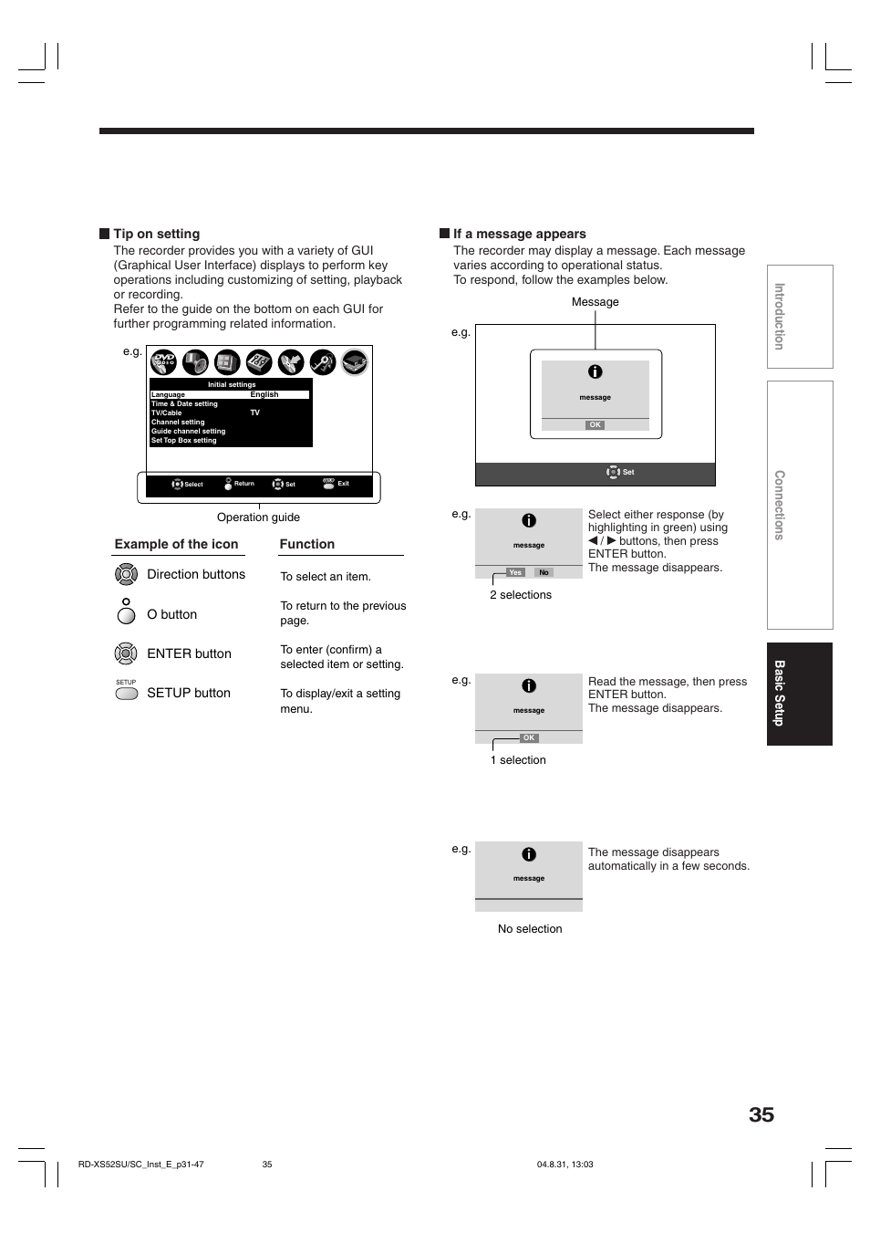 If a message appears, Function example of the icon | Toshiba RD-KX50SU User Manual | Page 35 / 60