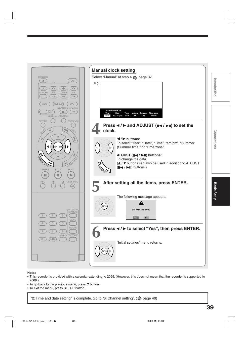 Manual clock setting, Press / and adjust ( / ) to set the clock, After setting all the items, press enter | Press / to select “yes”, then press enter | Toshiba RD-KX50SU User Manual | Page 39 / 60