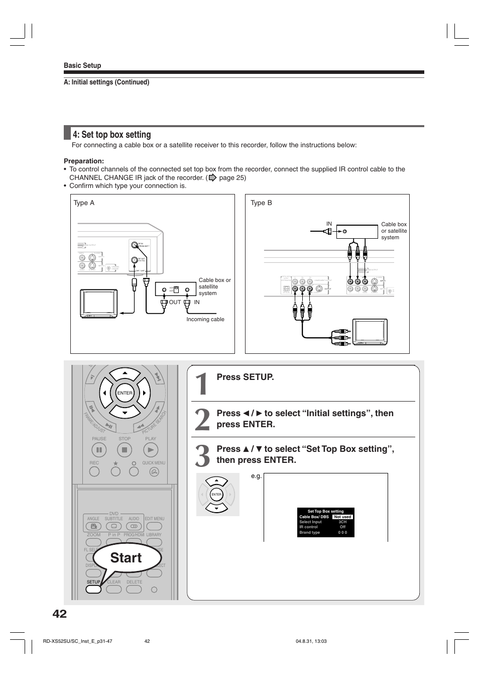 Start, Set top box setting, Press setup | A: initial settings (continued) basic setup, Type b | Toshiba RD-KX50SU User Manual | Page 42 / 60