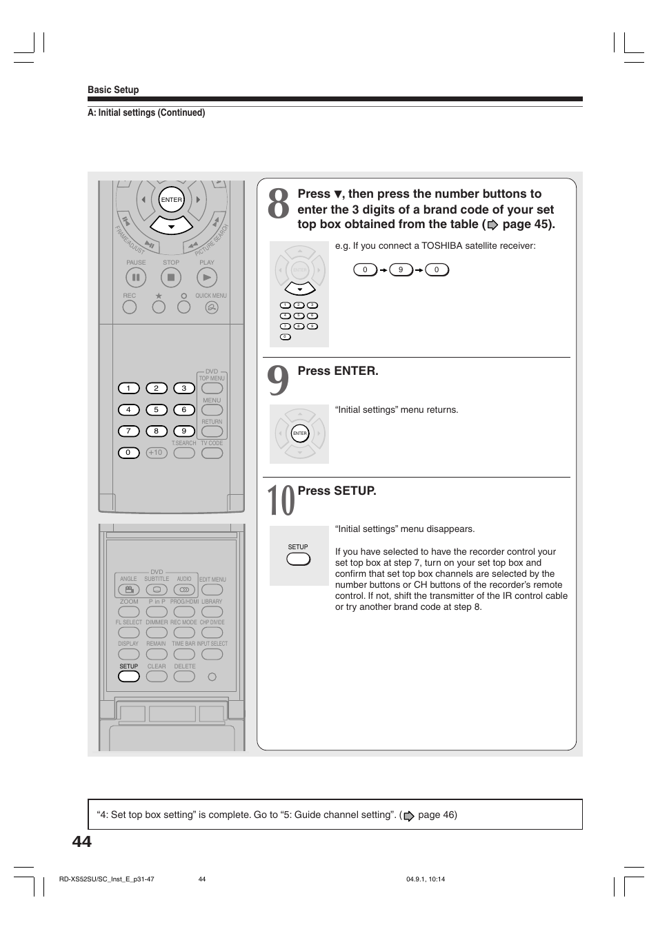 Press enter, Press setup | Toshiba RD-KX50SU User Manual | Page 44 / 60