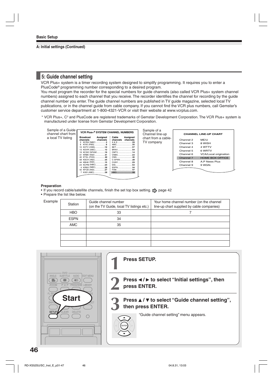 Start, Guide channel setting, Press setup | Toshiba RD-KX50SU User Manual | Page 46 / 60