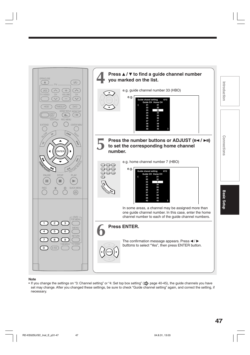 Press enter, Intr oduction connections basic setup, Buttons | Toshiba RD-KX50SU User Manual | Page 47 / 60