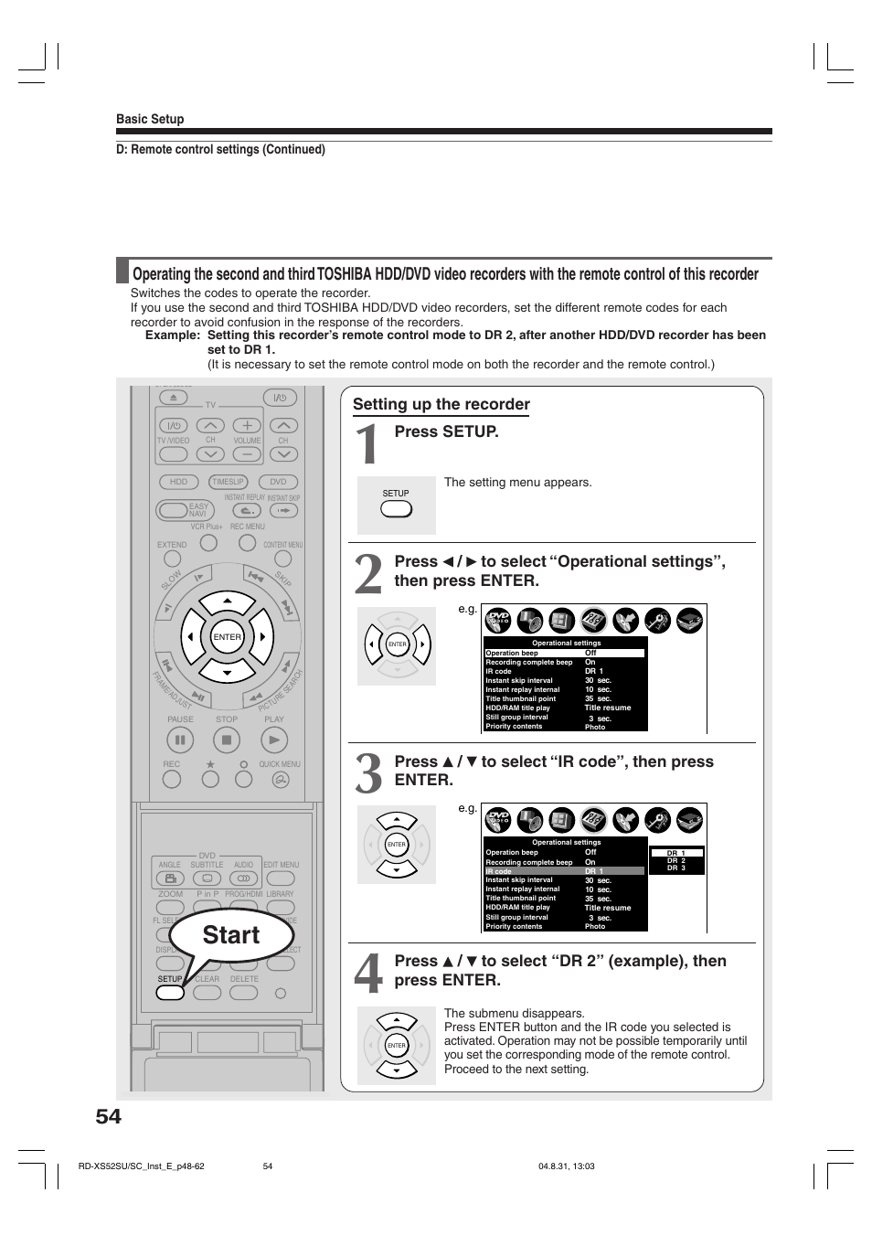 Start, Setting up the recorder, Press setup | Press / to select “ir code”, then press enter | Toshiba RD-KX50SU User Manual | Page 54 / 60
