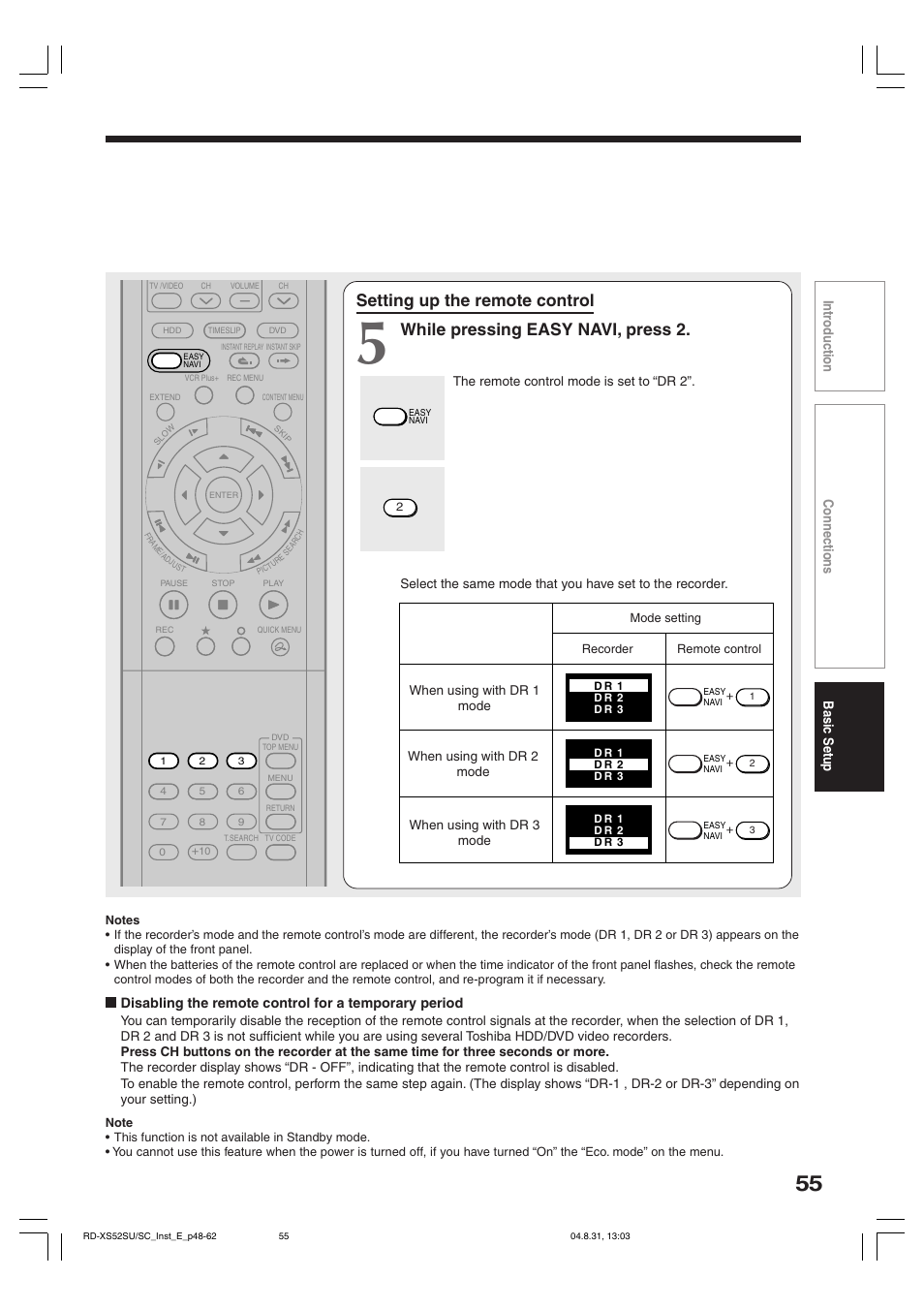 Setting up the remote control, While pressing easy navi, press 2 | Toshiba RD-KX50SU User Manual | Page 55 / 60