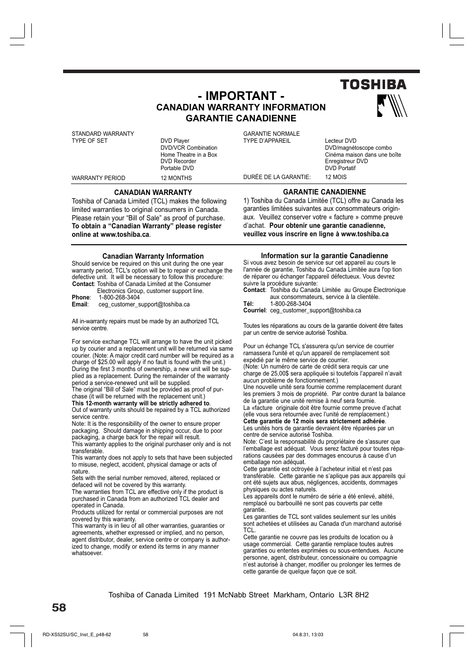 Important, Canadian warranty information garantie canadienne | Toshiba RD-KX50SU User Manual | Page 58 / 60