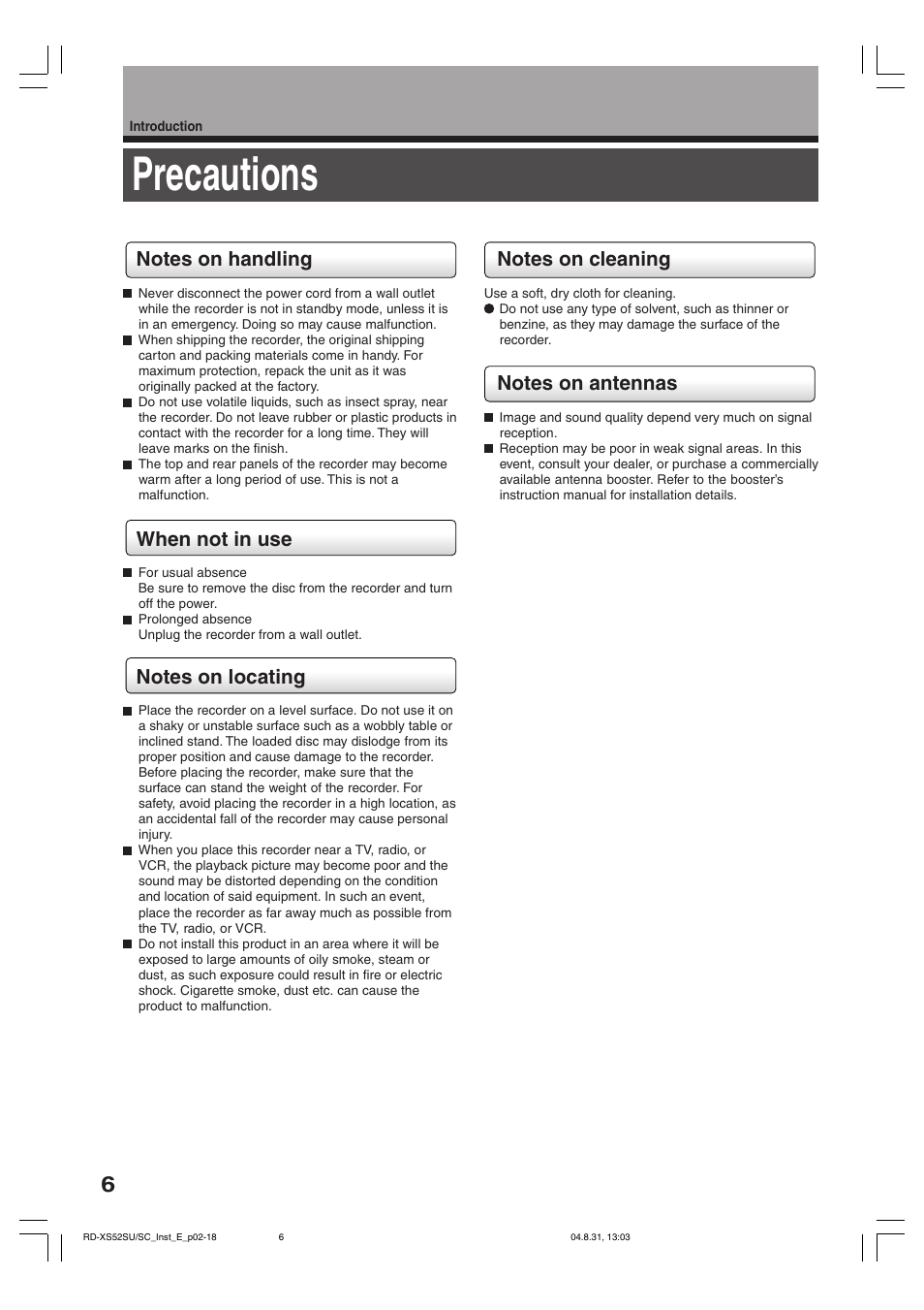 Precautions | Toshiba RD-KX50SU User Manual | Page 6 / 60