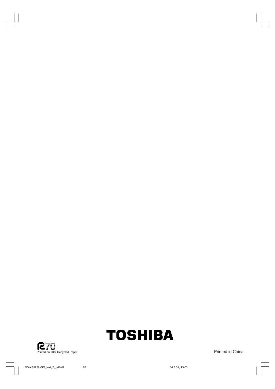 Printed in china | Toshiba RD-KX50SU User Manual | Page 60 / 60