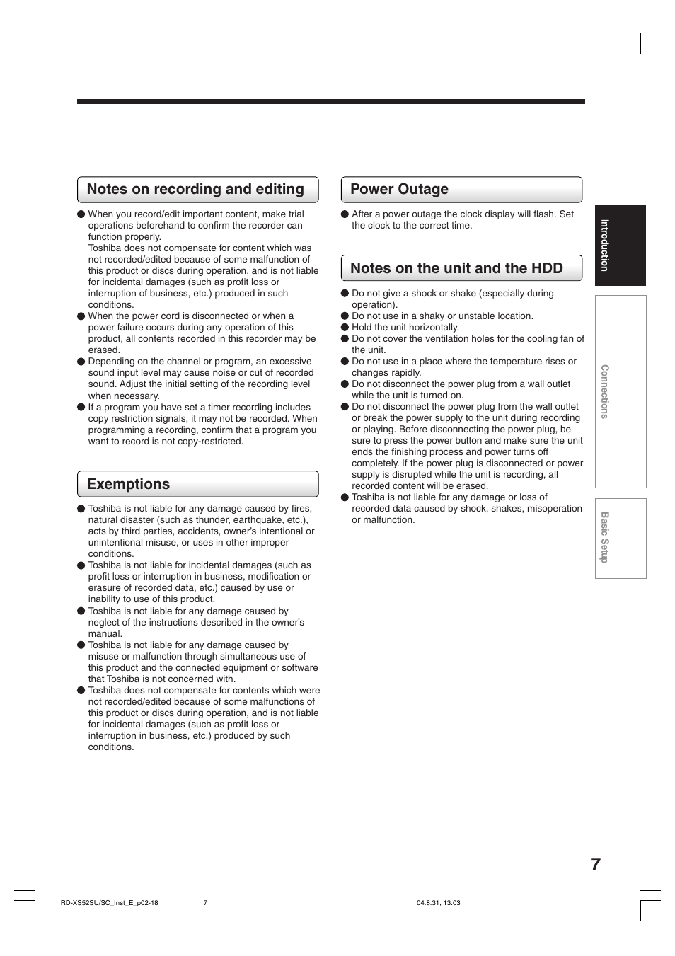 Exemptions, Power outage | Toshiba RD-KX50SU User Manual | Page 7 / 60