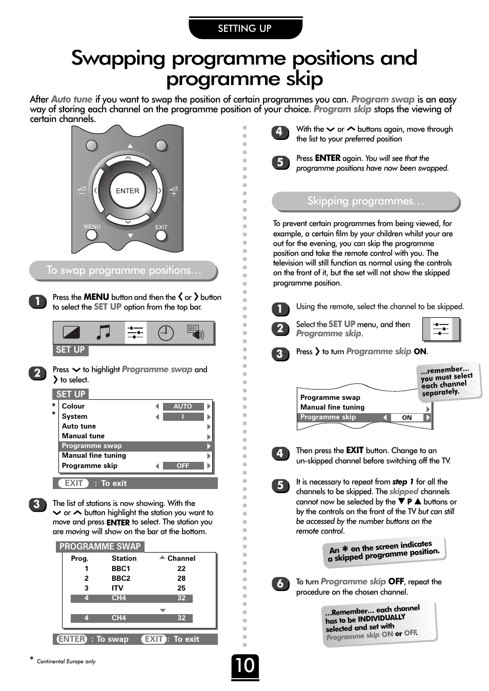 Swapping programme positions and programme skip | Toshiba 32ZP18P User Manual | Page 10 / 28