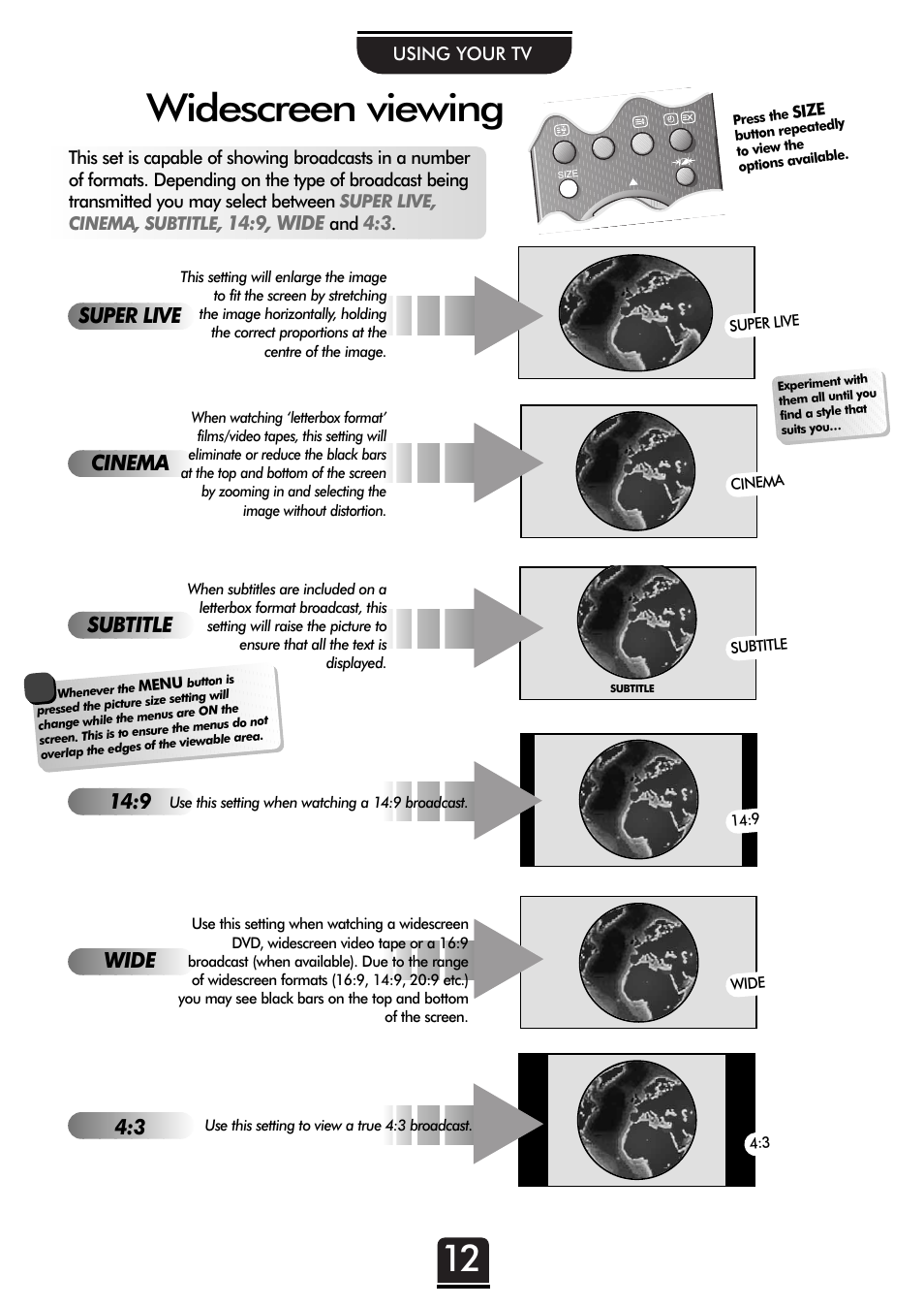 Widescreen viewing, Super live, Cinema | Wide subtitle | Toshiba 32ZP18P User Manual | Page 12 / 28