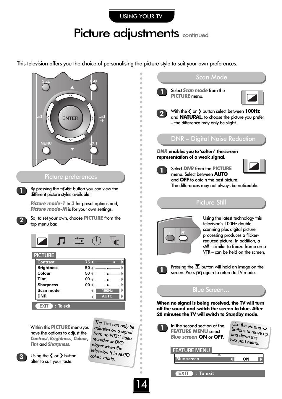 Picture adjustments, 1blue screen, Dnr – digital noise reduction 1 1 2 3 | 1picture preferences, Picture still scan mode 1 2 | Toshiba 32ZP18P User Manual | Page 14 / 28