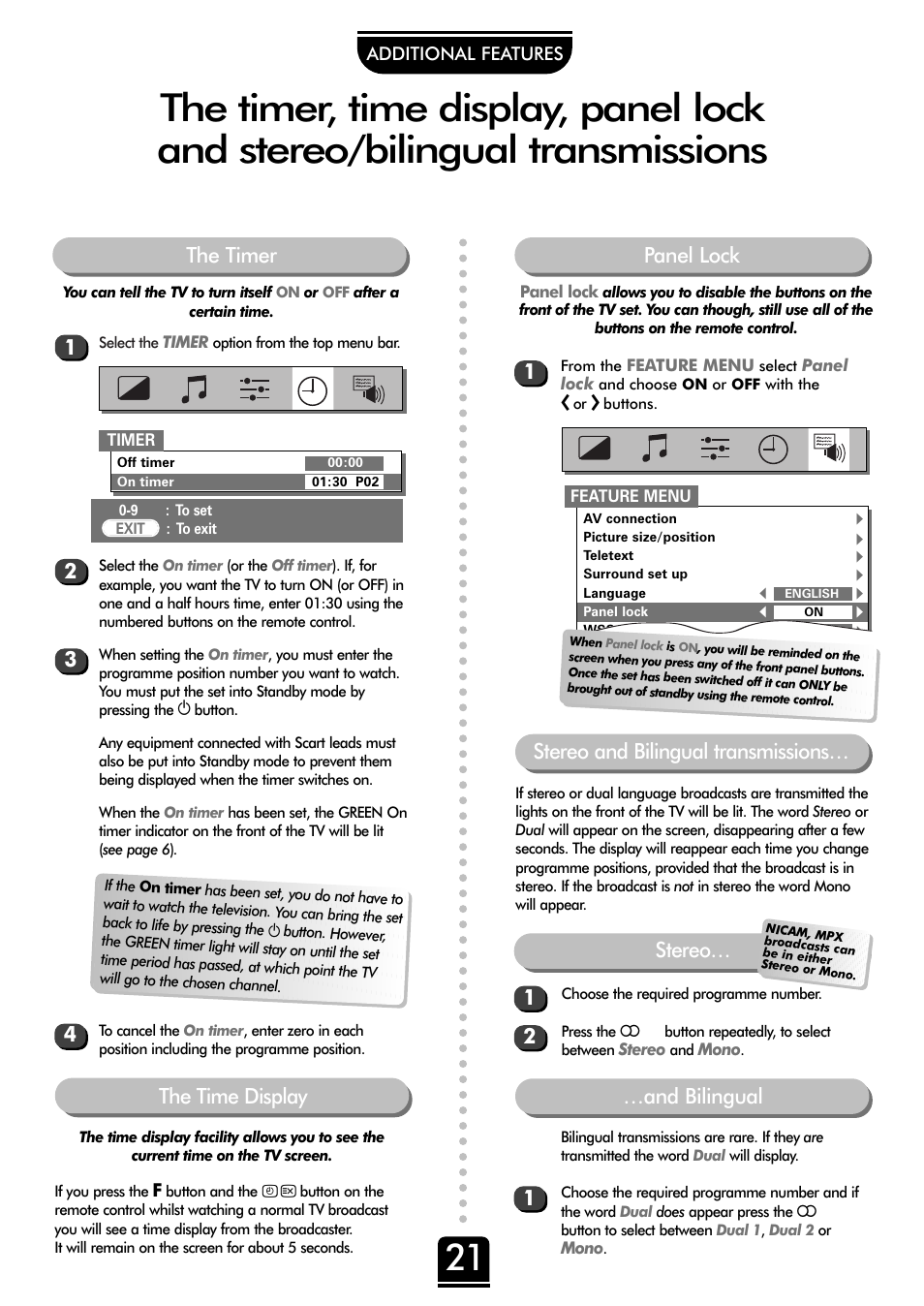 12 panel lock, And bilingual stereo, The timer stereo and bilingual transmissions | Toshiba 32ZP18P User Manual | Page 21 / 28