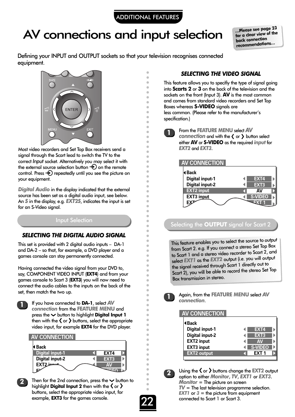 Av connections and input selection, Av connection, Additional features | Selecting the video signal, Input selection av connection | Toshiba 32ZP18P User Manual | Page 22 / 28