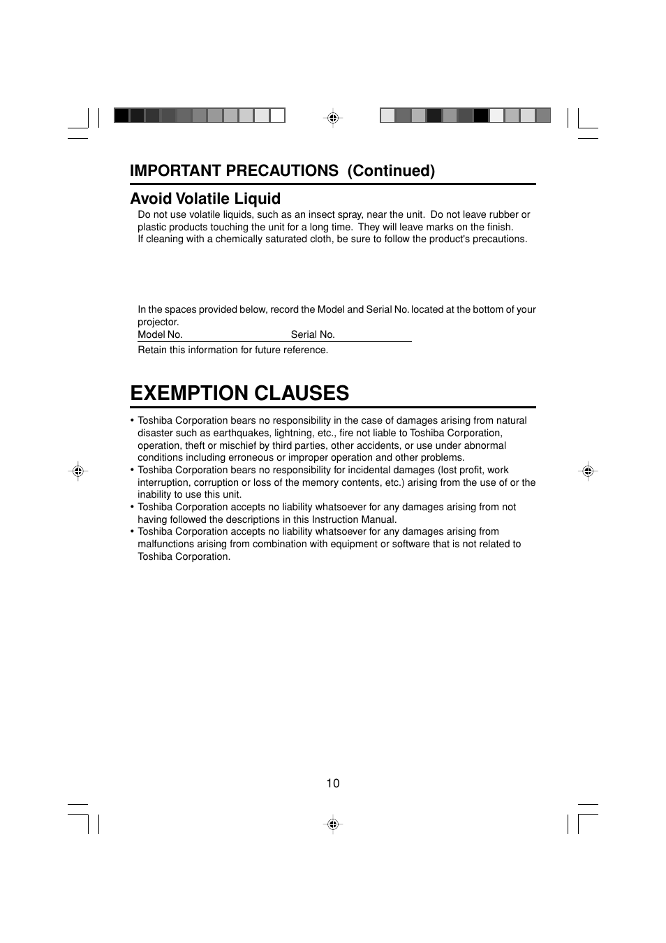 Exemption clauses | Toshiba TDP-MT200 User Manual | Page 10 / 44