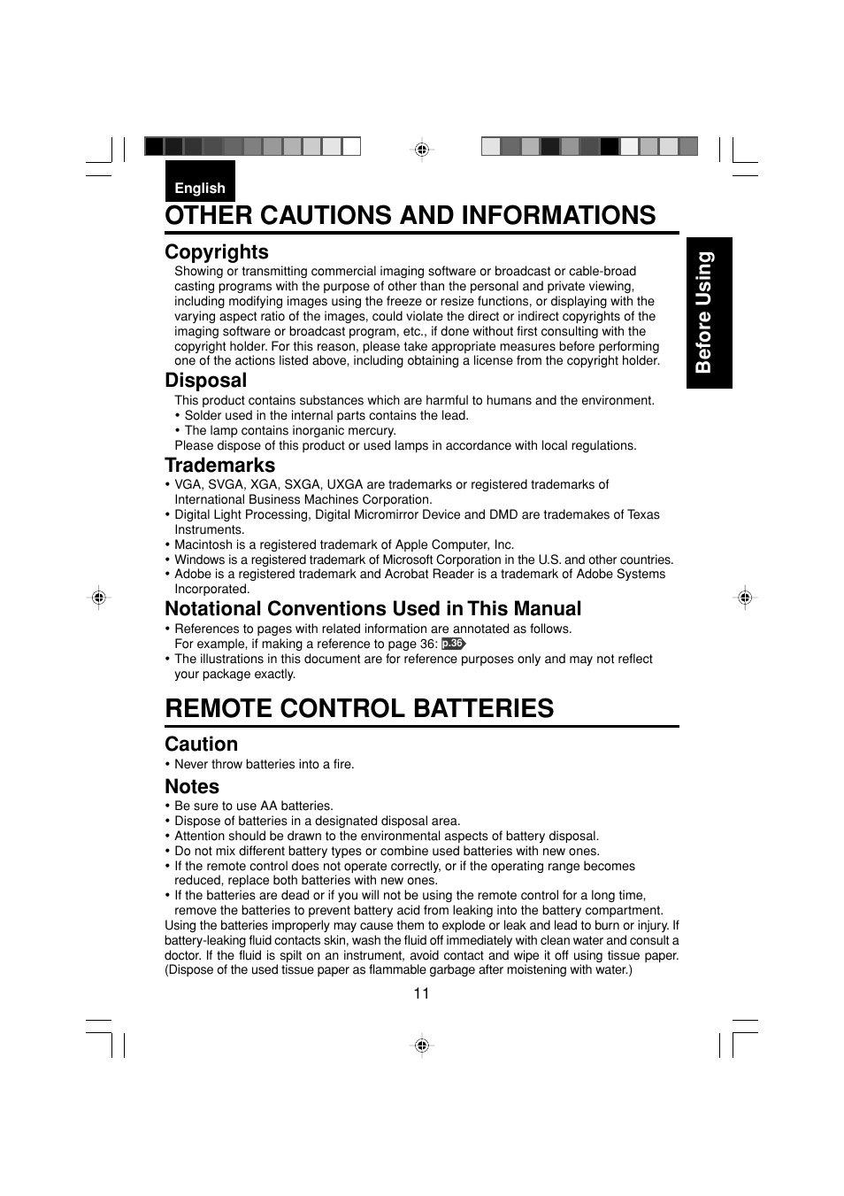 Remote control batteries, Other cautions and informations, Bef ore using | Copyrights, Disposal, Trademarks, Notational conventions used in this manual, Caution | Toshiba TDP-MT200 User Manual | Page 11 / 44