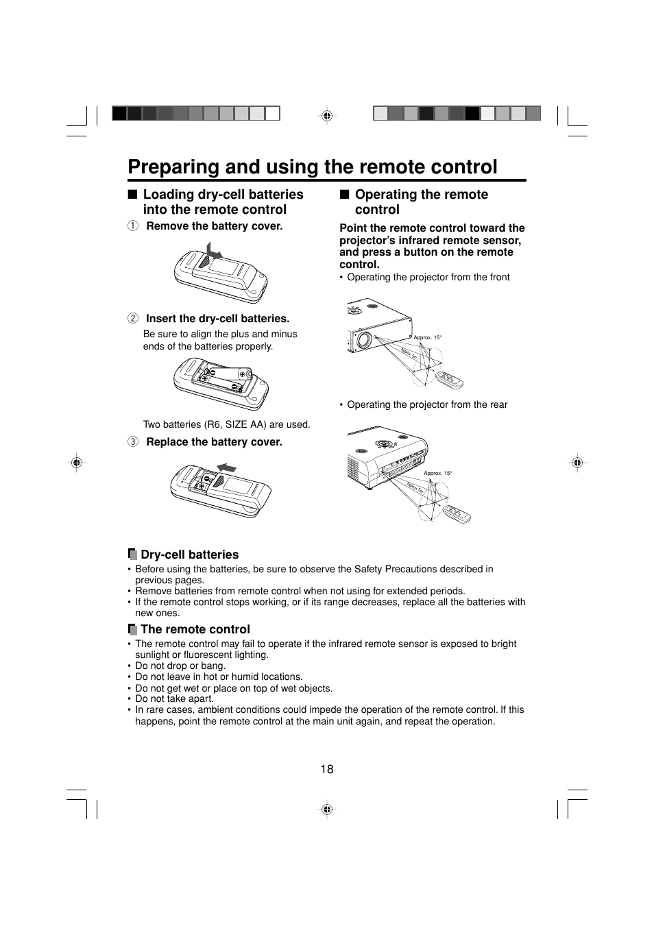 Preparing and using the remote control, Operating the remote control, Loading dry-cell batteries into the remote control | Toshiba TDP-MT200 User Manual | Page 18 / 44