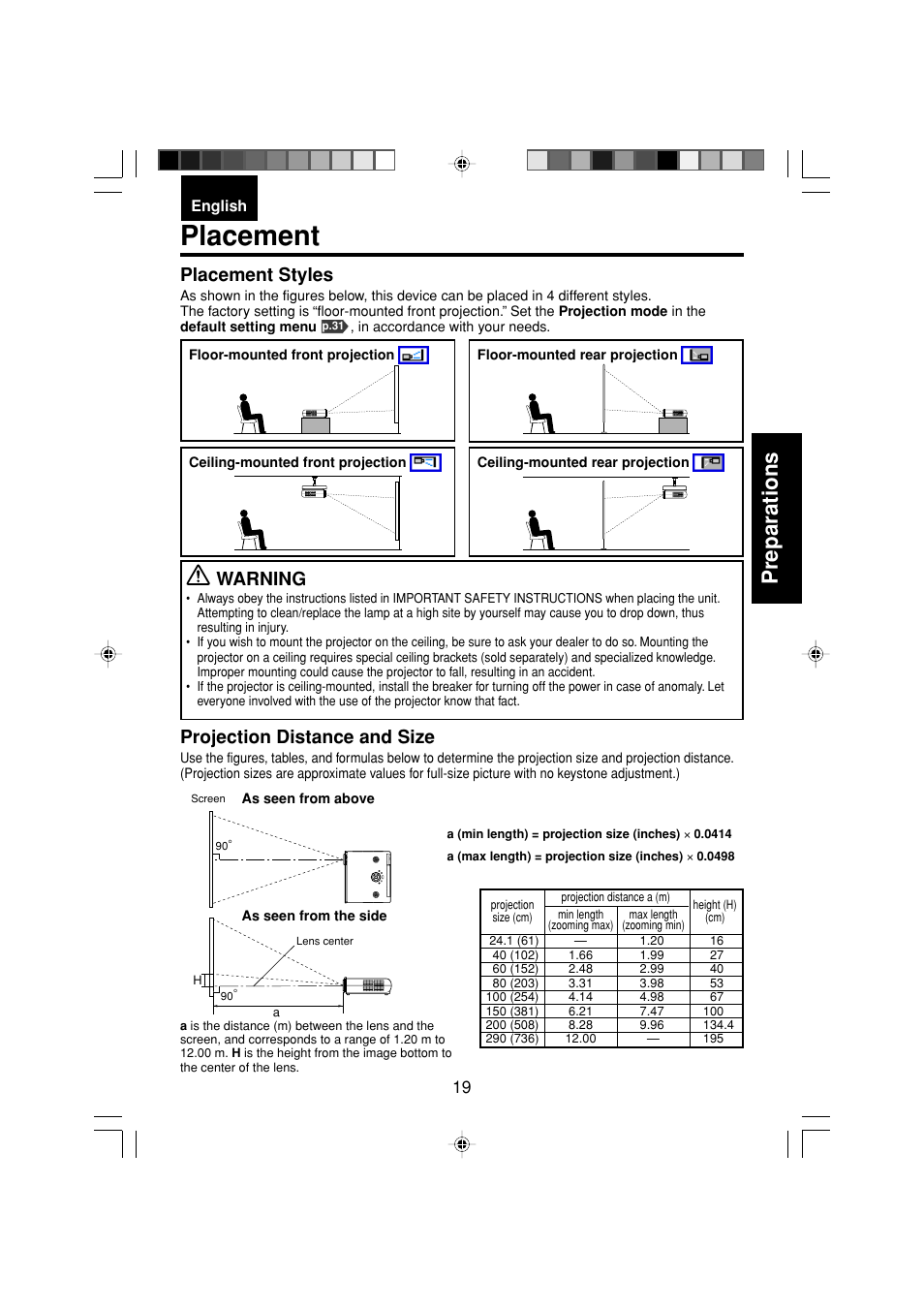 Placement, Preparations, Projection distance and size | Placement styles, Warning | Toshiba TDP-MT200 User Manual | Page 19 / 44