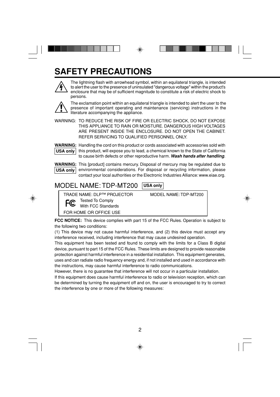 Safety precautions, Model name: tdp-mt200, Before using | Toshiba TDP-MT200 User Manual | Page 2 / 44