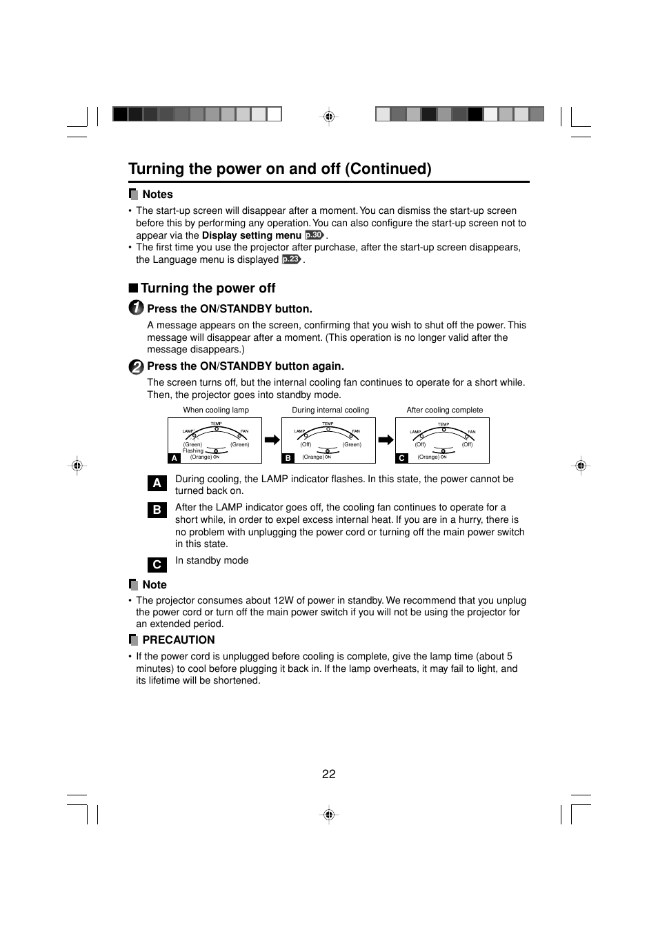 Turning the power on and off (continued), Turning the power off | Toshiba TDP-MT200 User Manual | Page 22 / 44