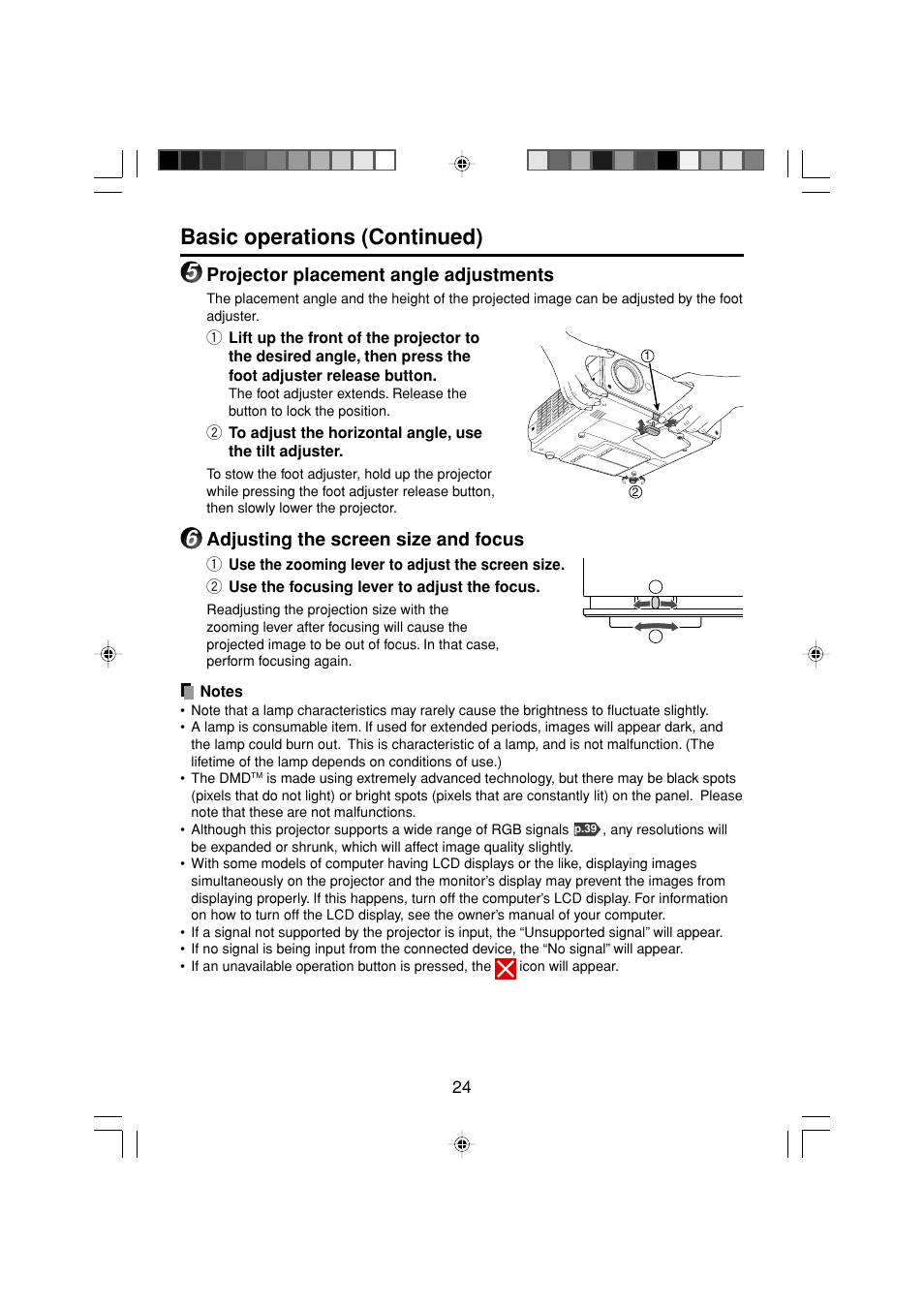 Basic operations (continued), Projector placement angle adjustments, Adjusting the screen size and focus | Toshiba TDP-MT200 User Manual | Page 24 / 44