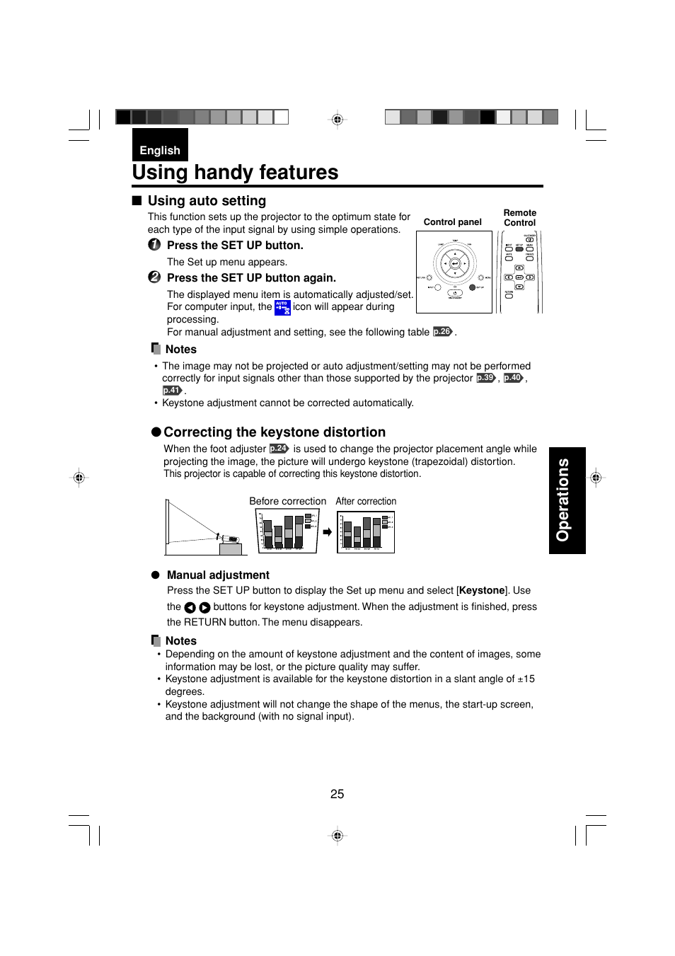 Using handy features, Operations, Using auto setting | Correcting the keystone distortion | Toshiba TDP-MT200 User Manual | Page 25 / 44