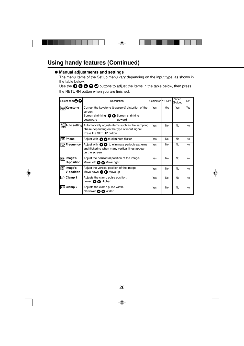Using handy features (continued), Manual adjustments and settings | Toshiba TDP-MT200 User Manual | Page 26 / 44