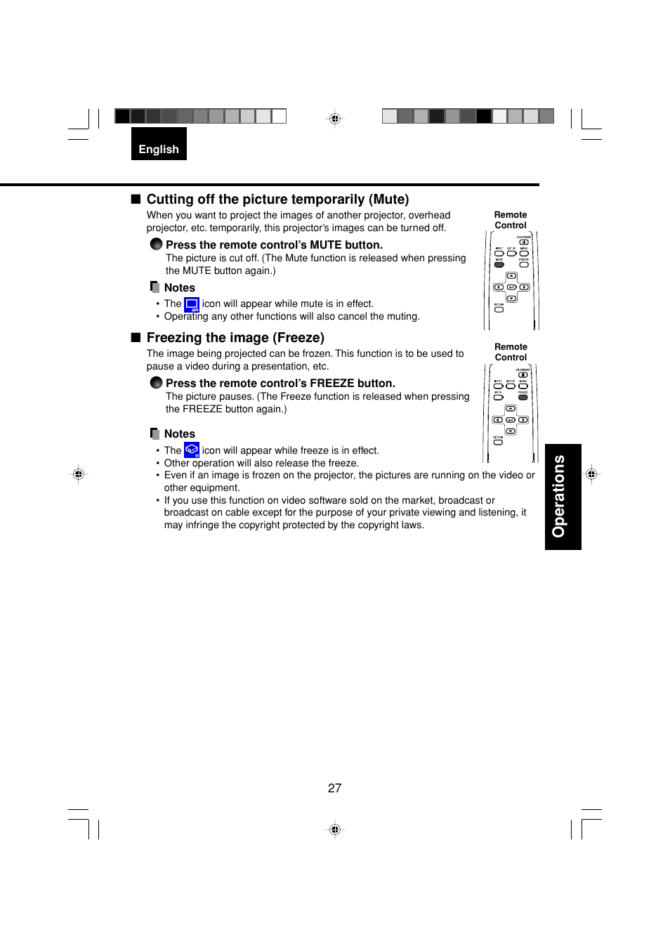 Operations, Cutting off the picture temporarily (mute), Freezing the image (freeze) | Toshiba TDP-MT200 User Manual | Page 27 / 44