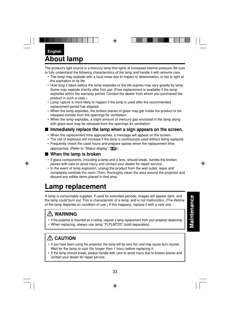 About lamp, Lamp replacement, Maintenance | Toshiba TDP-MT200 User Manual | Page 33 / 44