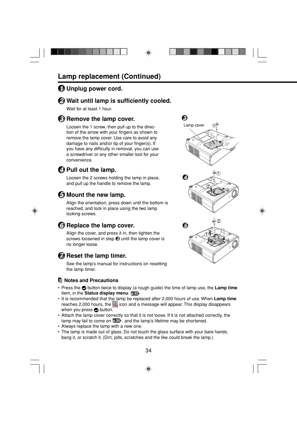 Lamp replacement (continued) | Toshiba TDP-MT200 User Manual | Page 34 / 44