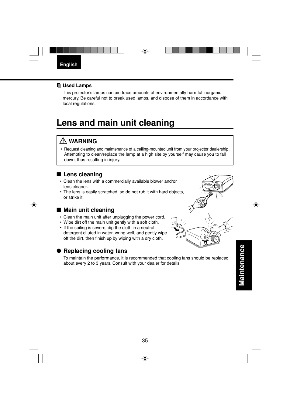 Lens and main unit cleaning, Maintenance | Toshiba TDP-MT200 User Manual | Page 35 / 44