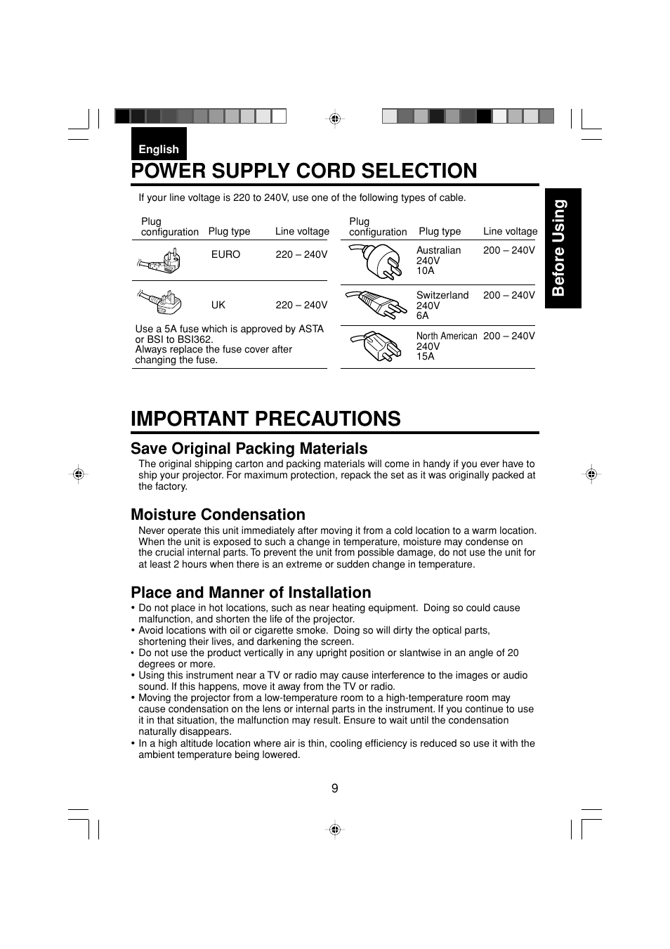 Important precautions, Power supply cord selection, Bef ore using | Save original packing materials, Moisture condensation, Place and manner of installation | Toshiba TDP-MT200 User Manual | Page 9 / 44
