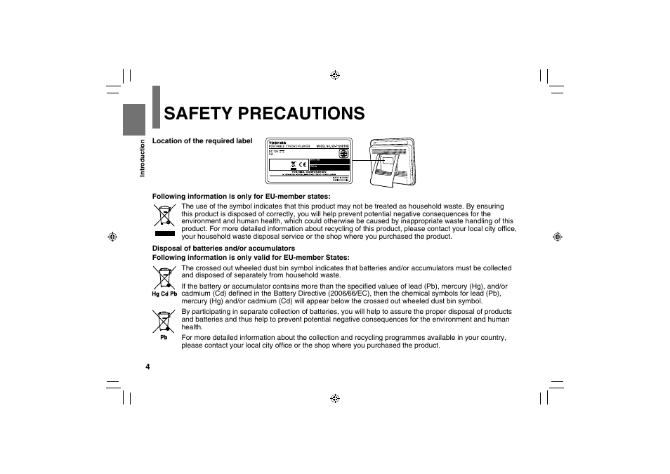 Safety precautions | Toshiba SD-P120DTKE User Manual | Page 4 / 92