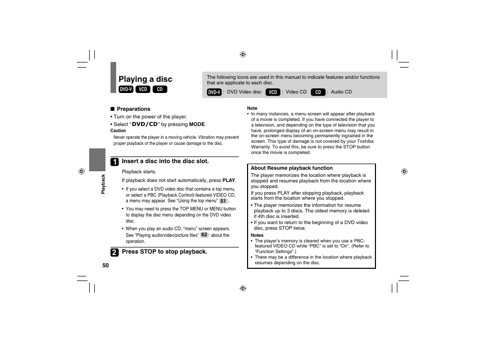 Playing a disc | Toshiba SD-P120DTKE User Manual | Page 50 / 92