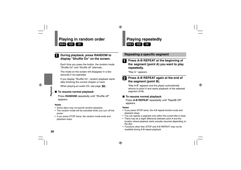 Playing in random order, Playing repeatedly | Toshiba SD-P120DTKE User Manual | Page 56 / 92