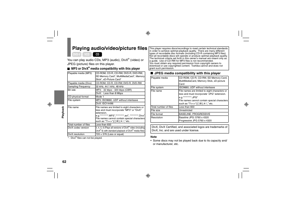 Playing audio/video/picture fi les | Toshiba SD-P120DTKE User Manual | Page 62 / 92