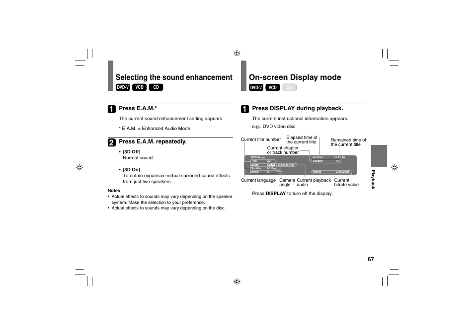 Selecting the sound enhancement, On-screen display mode | Toshiba SD-P120DTKE User Manual | Page 67 / 92