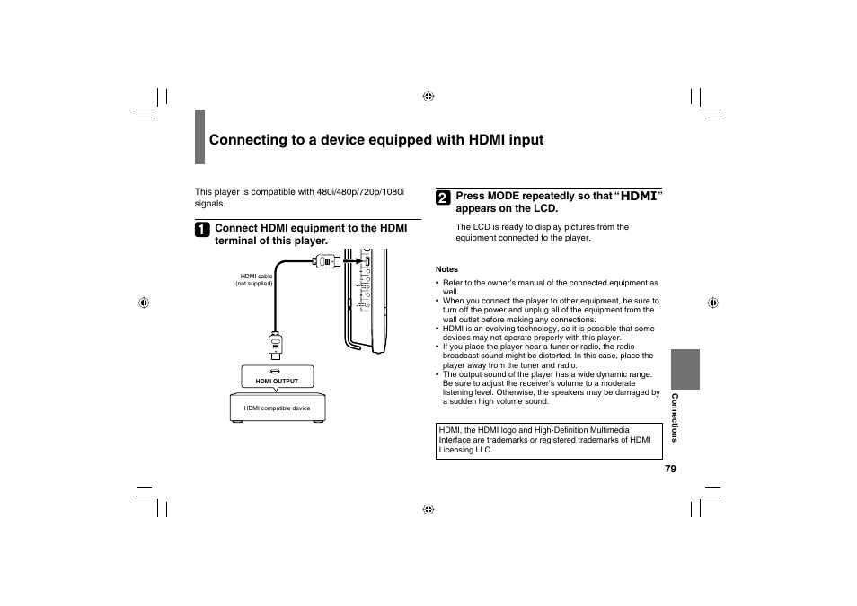 Connecting to a device equipped with hdmi input | Toshiba SD-P120DTKE User Manual | Page 79 / 92