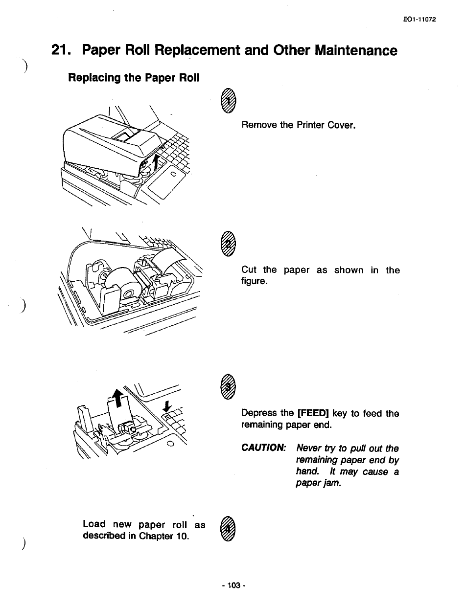 Paper roll replacement and other maintenance, Replacing the paper rolf, Paper roll repiacement and other maintenance | Replacing the paper roll | Toshiba TEC MA-85-100 User Manual | Page 103 / 120