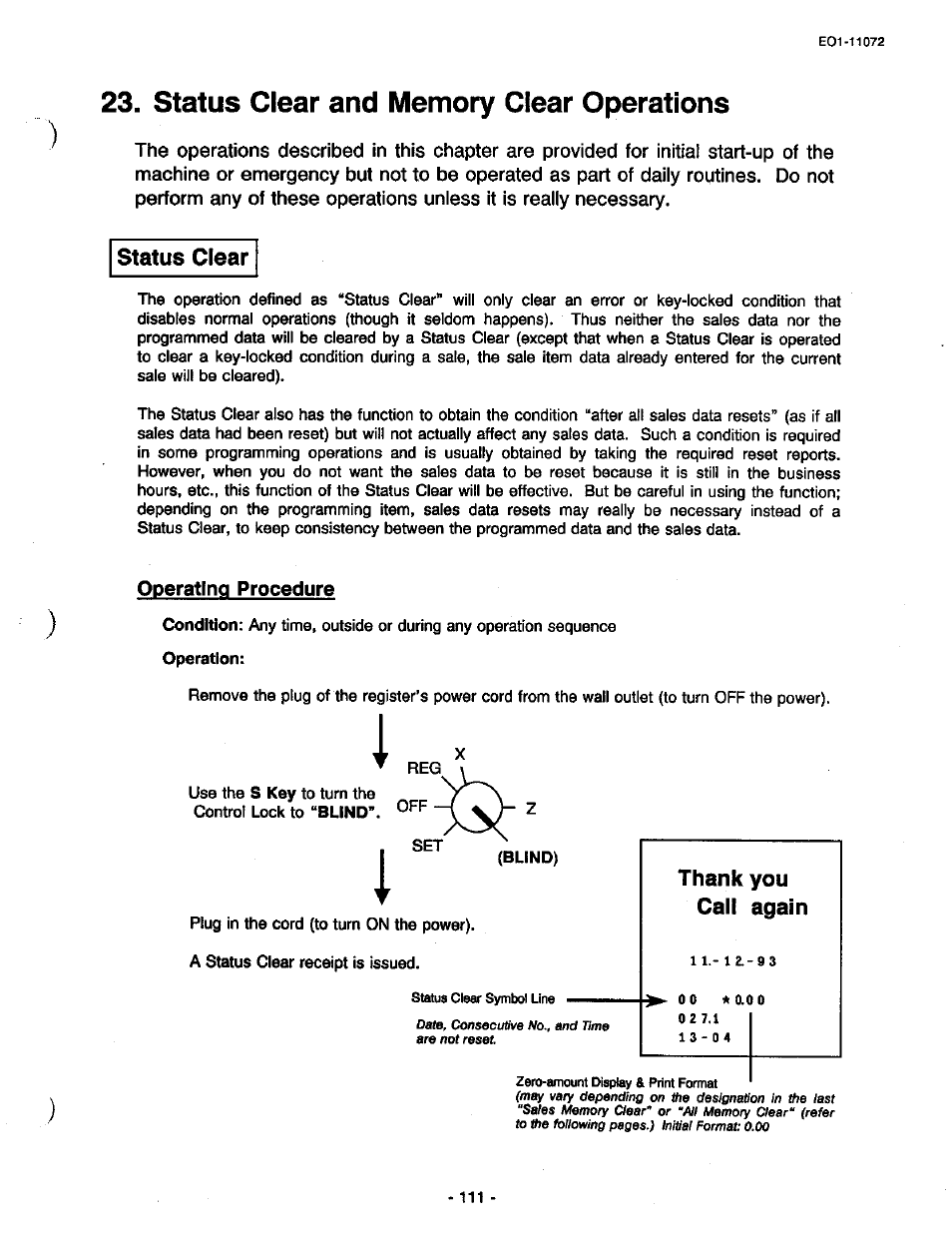 Status clear and memory clear operations, Status clear, Operating procedure | Thank you call again | Toshiba TEC MA-85-100 User Manual | Page 111 / 120