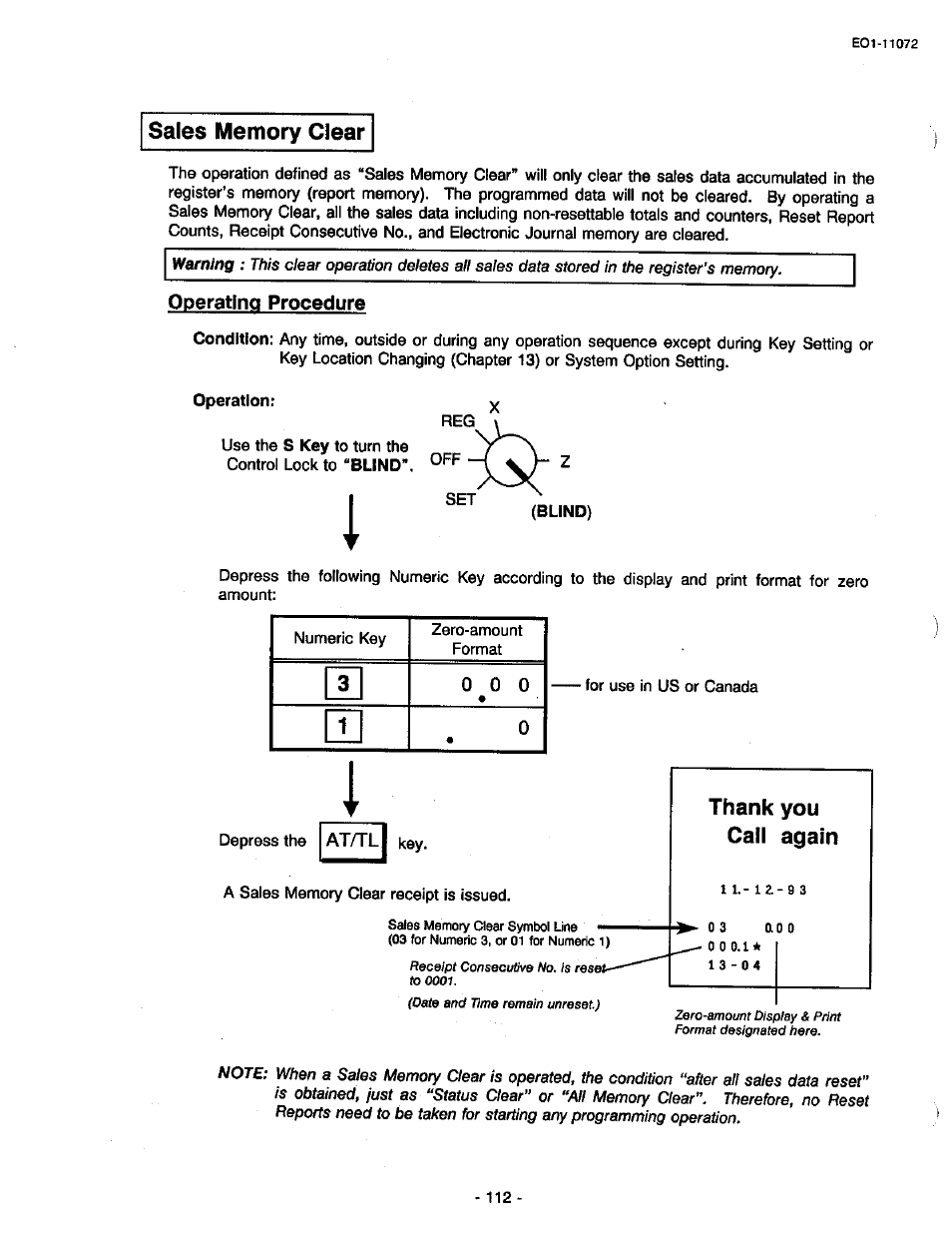 Sales memory clear, Operating procedure | Toshiba TEC MA-85-100 User Manual | Page 112 / 120