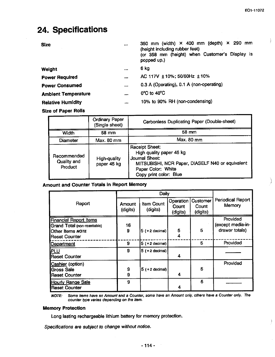 Specifications | Toshiba TEC MA-85-100 User Manual | Page 114 / 120