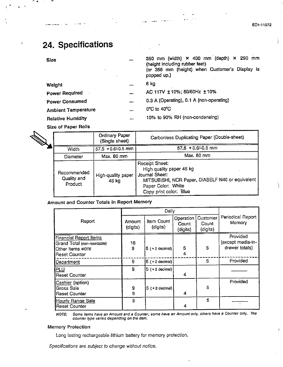Specifications | Toshiba TEC MA-85-100 User Manual | Page 116 / 120