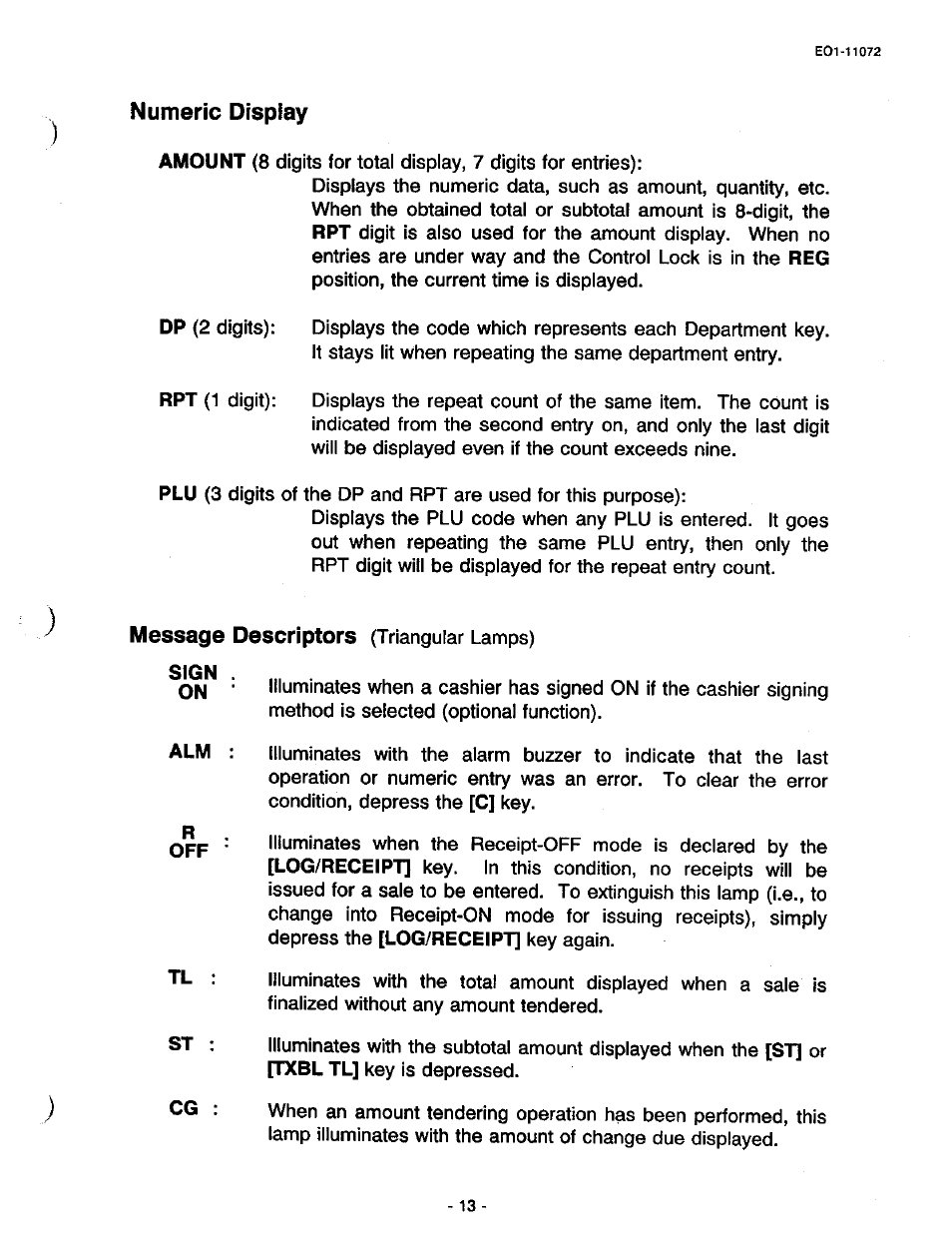 Numeric display, Message descriptors (triangular lamps), Sign | Customer’s display | Toshiba TEC MA-85-100 User Manual | Page 15 / 120