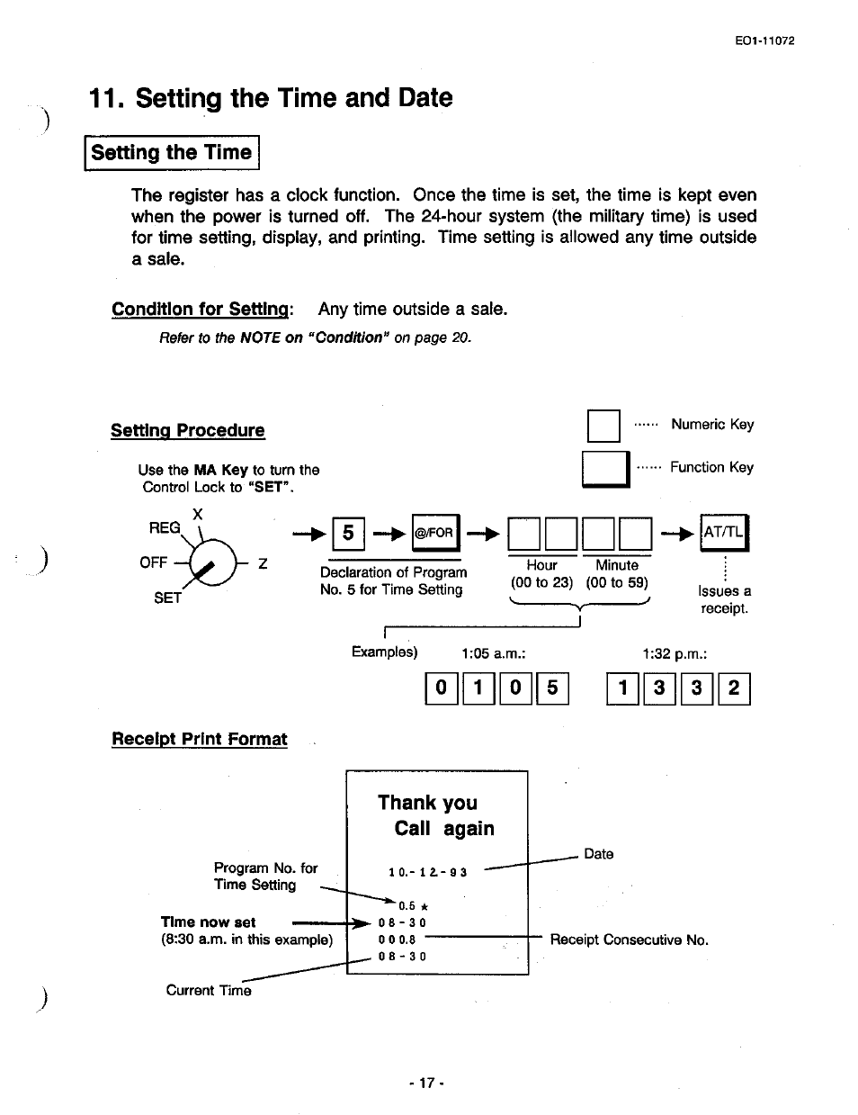 Setting the time and date, Setting the time, Receipt print format | Toshiba TEC MA-85-100 User Manual | Page 19 / 120