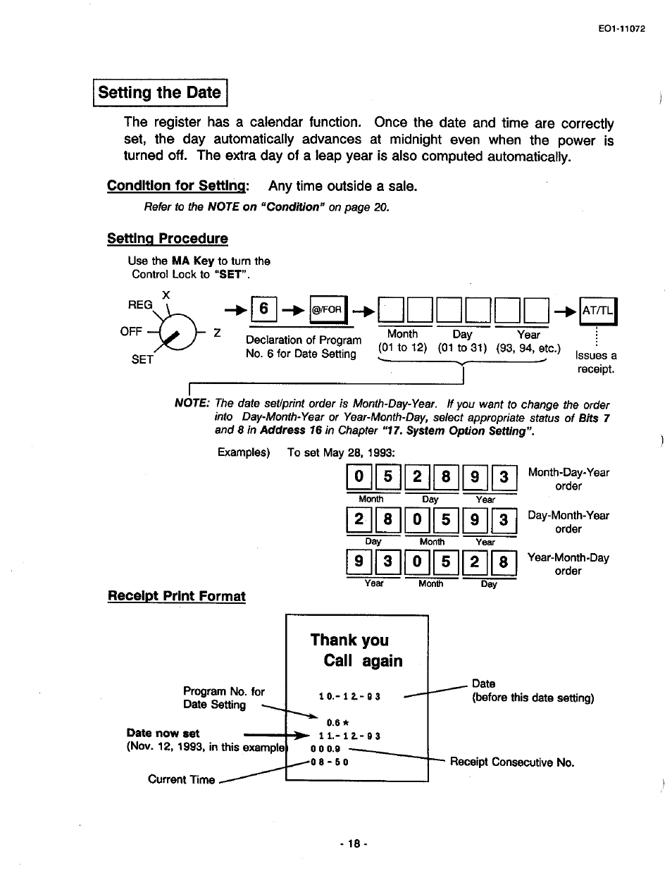 Setting the date, Condition for setting: any time outside a sale, Setting procedure | Thank you call again, 1 1 i i, 0 ii 5 i 9 | Toshiba TEC MA-85-100 User Manual | Page 20 / 120