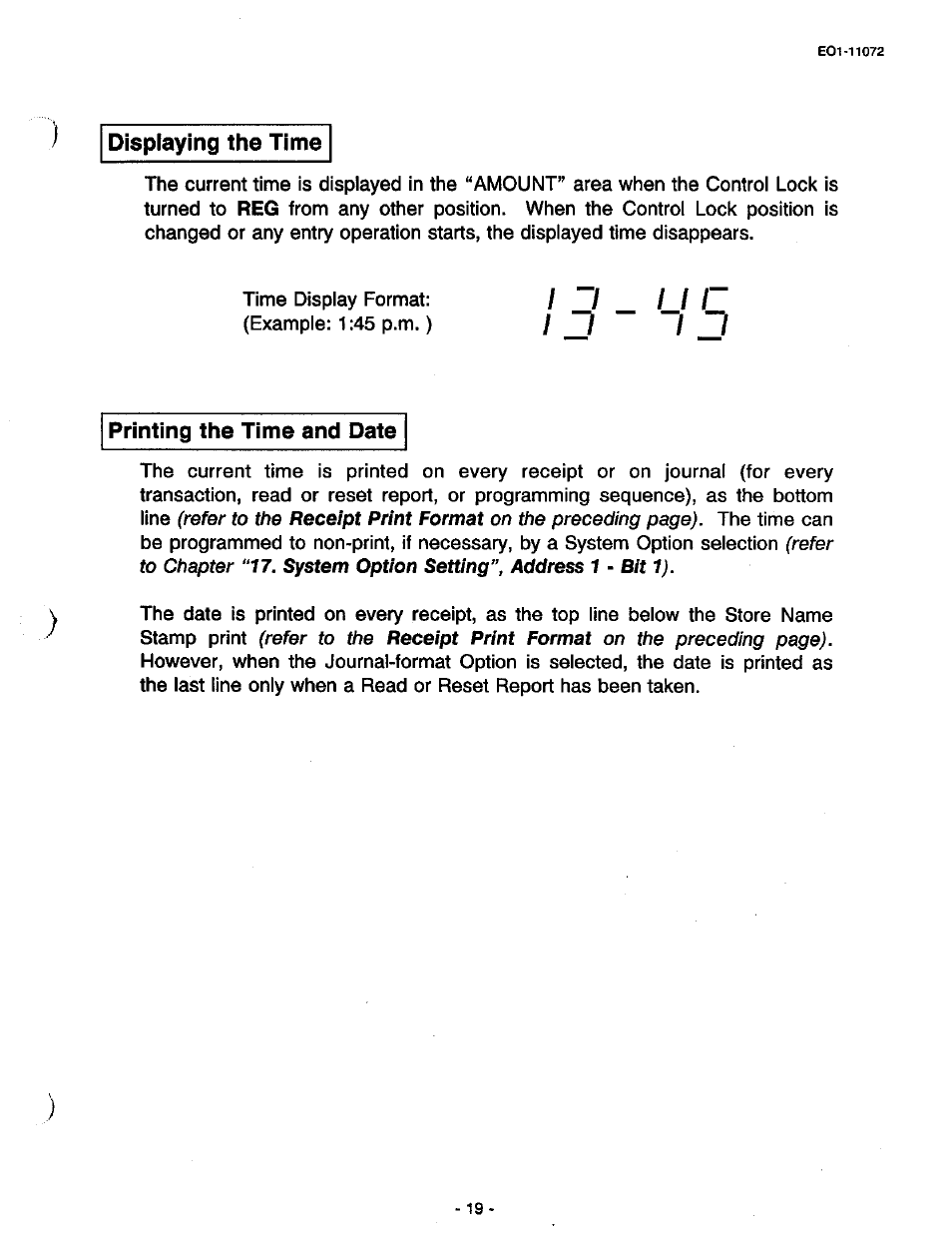 Displaying the time, Printing the time and date, Displaying the time printing time and date | Toshiba TEC MA-85-100 User Manual | Page 21 / 120